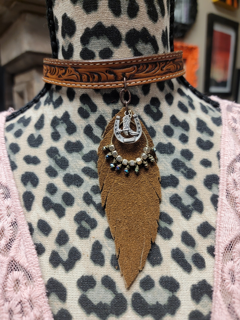 Bohemian Western Tooled Leather Choker Necklace Artisian